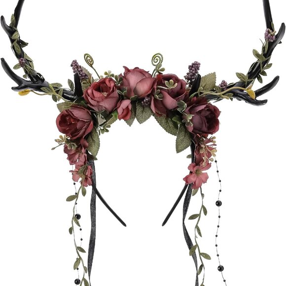 Flower Reindeer Headband for Women Woodland Fairy Cosplay Antler Hairpiece
